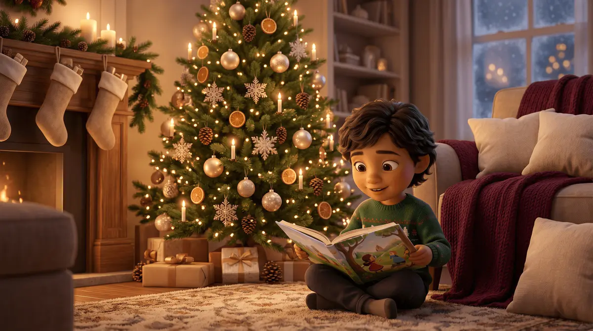 Enfant tenant un livre de Noël personnalisé, près d'un sapin décoré