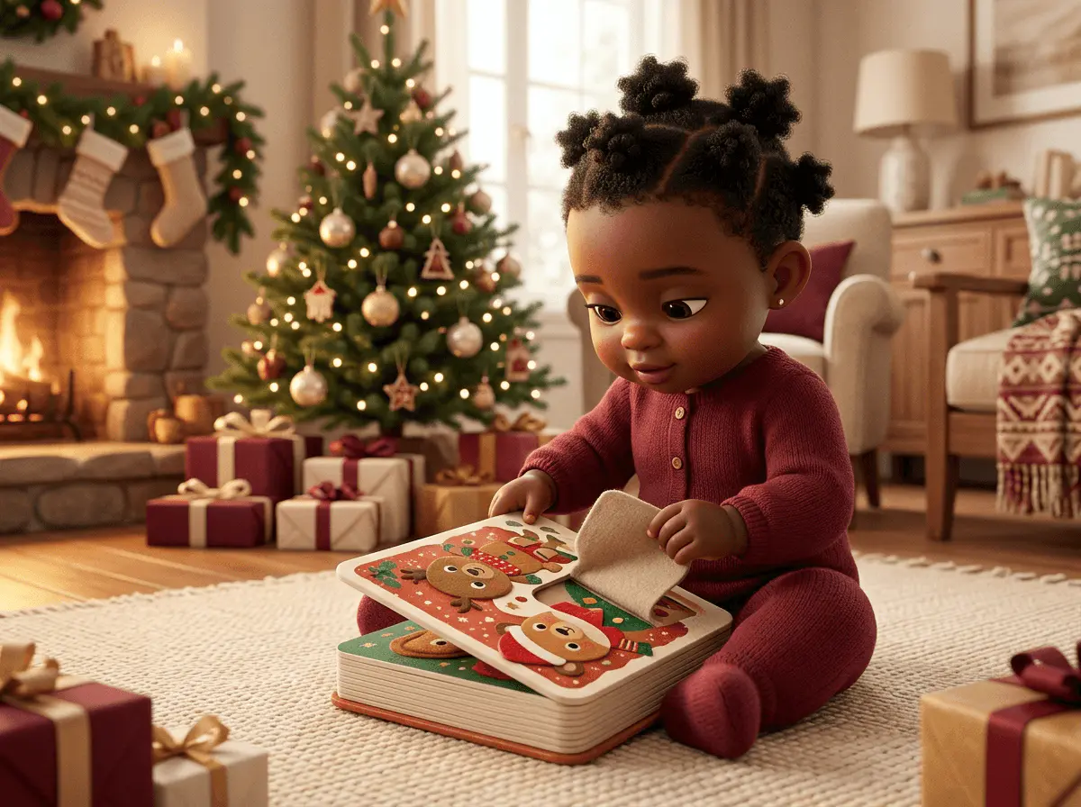 Bébé de 18 mois à la peau brune et aux cheveux crépus en couettes, assis sur un tapis, soulevant un volet d'un épais livre cartonné, petit sapin en arrière-plan