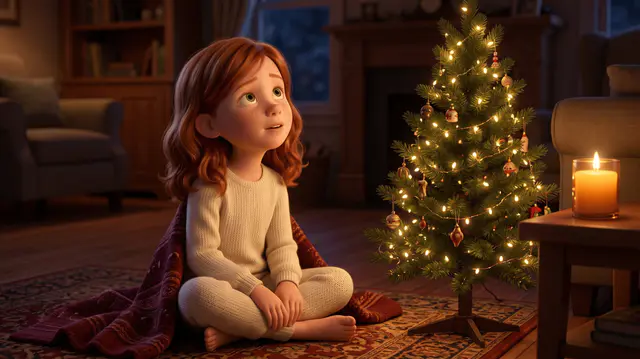 Fillette de 7 ans à la peau claire et taches de rousseur, cheveux roux ondulés, en pyjama crème, levant les yeux d'un air interrogateur, petit sapin allumé à côté