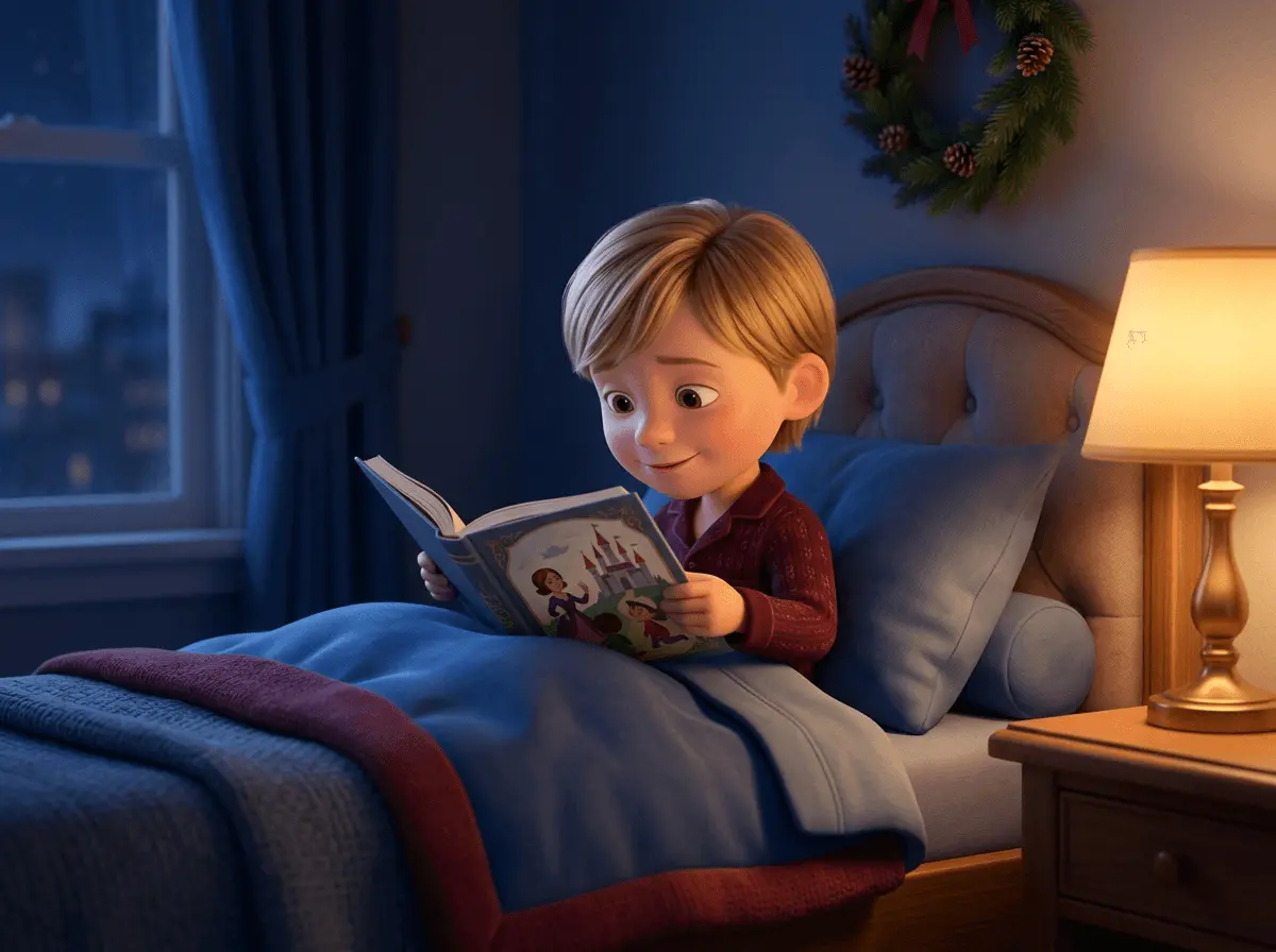 Garçon de 6 ans à la peau claire et aux cheveux blonds raides, blotti sous une couverture bleue dans son lit, tenant un album illustré ouvert et souriant