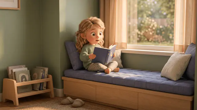 Fillette de 4 ans à la peau claire et aux cheveux blonds ondulés, émerveillée, serrant contre elle un album personnalisé ouvert dans un coin lecture en bois clair