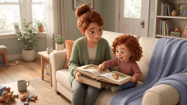 Une marraine et une petite fille rousse assises sur un canapé, lisant ensemble un épais livre relié, la fillette pointant une page avec joie.