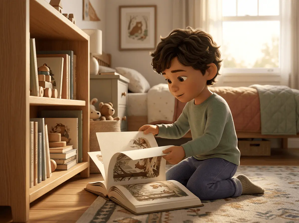 Un enfant agenouillé dans une chambre rangée feuillette les pages épaisses d'un livre relié rigide sorti d'une petite bibliothèque en bois.