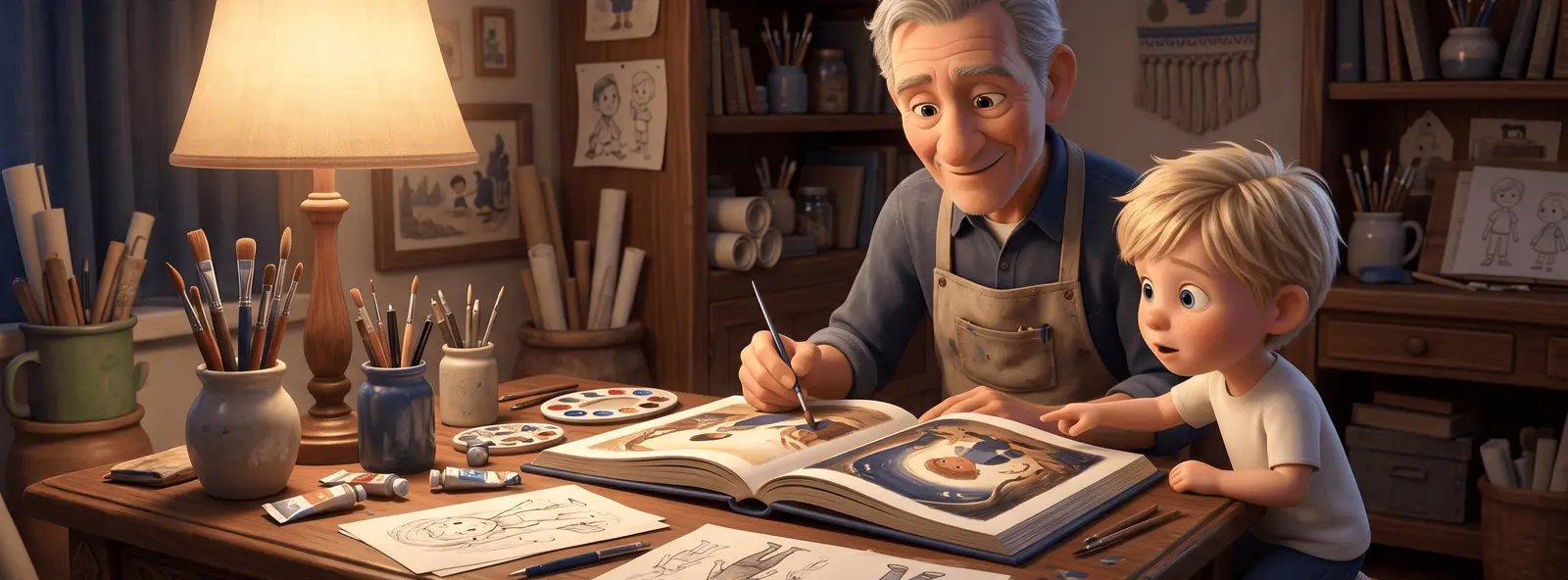 Dans un atelier chaleureux, un illustrateur peint un livre ouvert pendant qu'un petit garçon blond, assis près de lui, découvre son visage sur la page.