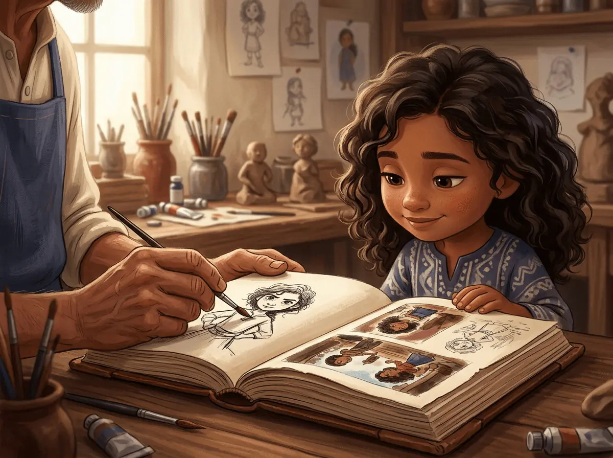 Gros plan sur les mains d'un artisan tenant un pinceau au-dessus de croquis d'un enfant héros, tandis qu'une petite fille regarde son portrait dans le livre.