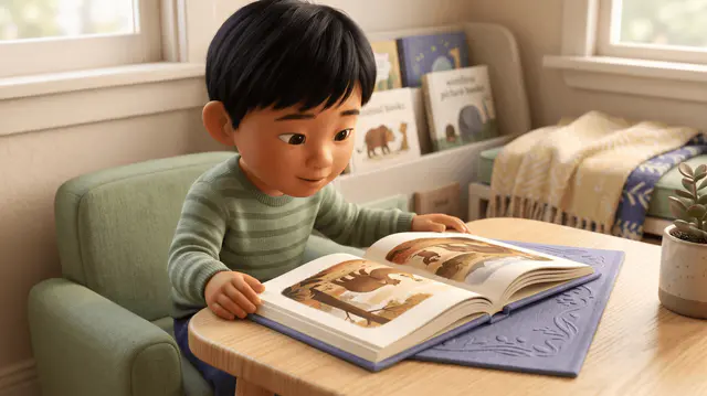 Un petit garçon admire un beau livre illustré à couverture rigide posé sur une table en bois clair, le regard émerveillé.
