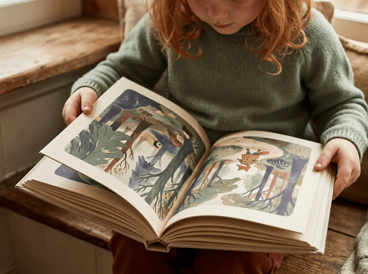 Gros plan sur un beau livre illustré ouvert à couverture rigide et pages épaisses, tenu par un enfant roux, le dos cousu bien visible.