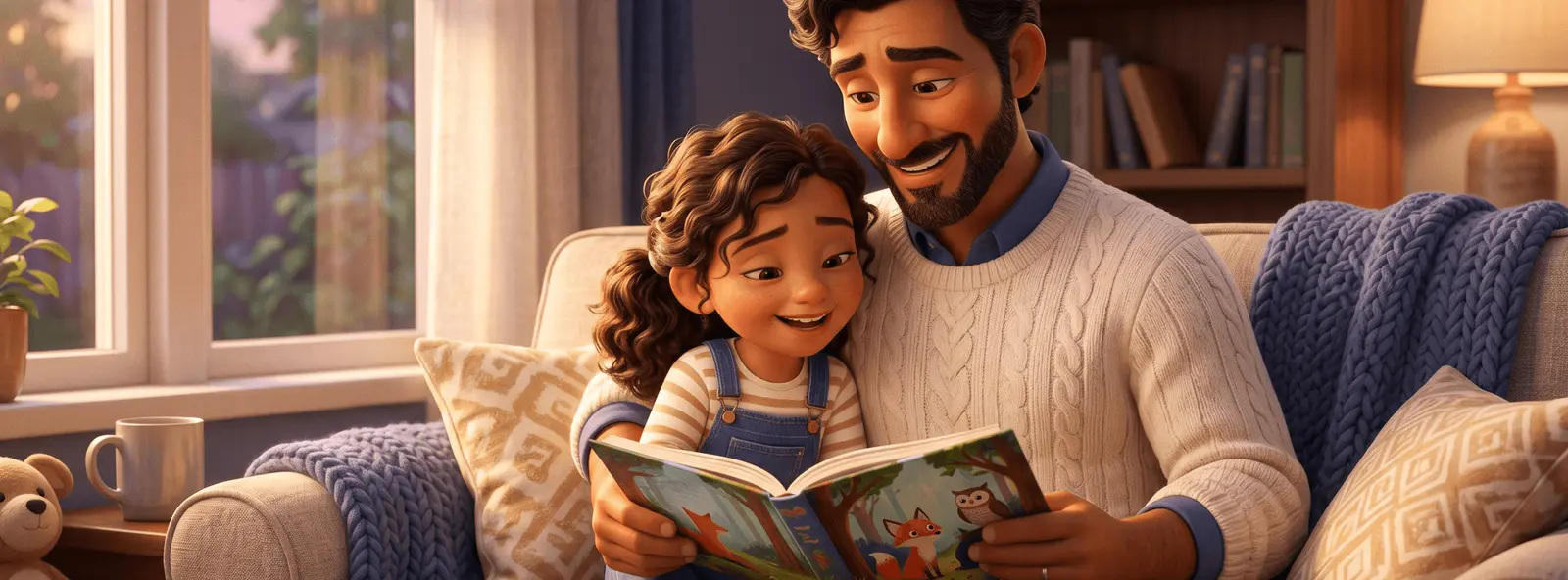 Un parrain et sa jeune filleule, assis tout près l'un de l'autre sur un canapé, lisent un livre illustré ensemble en riant doucement.