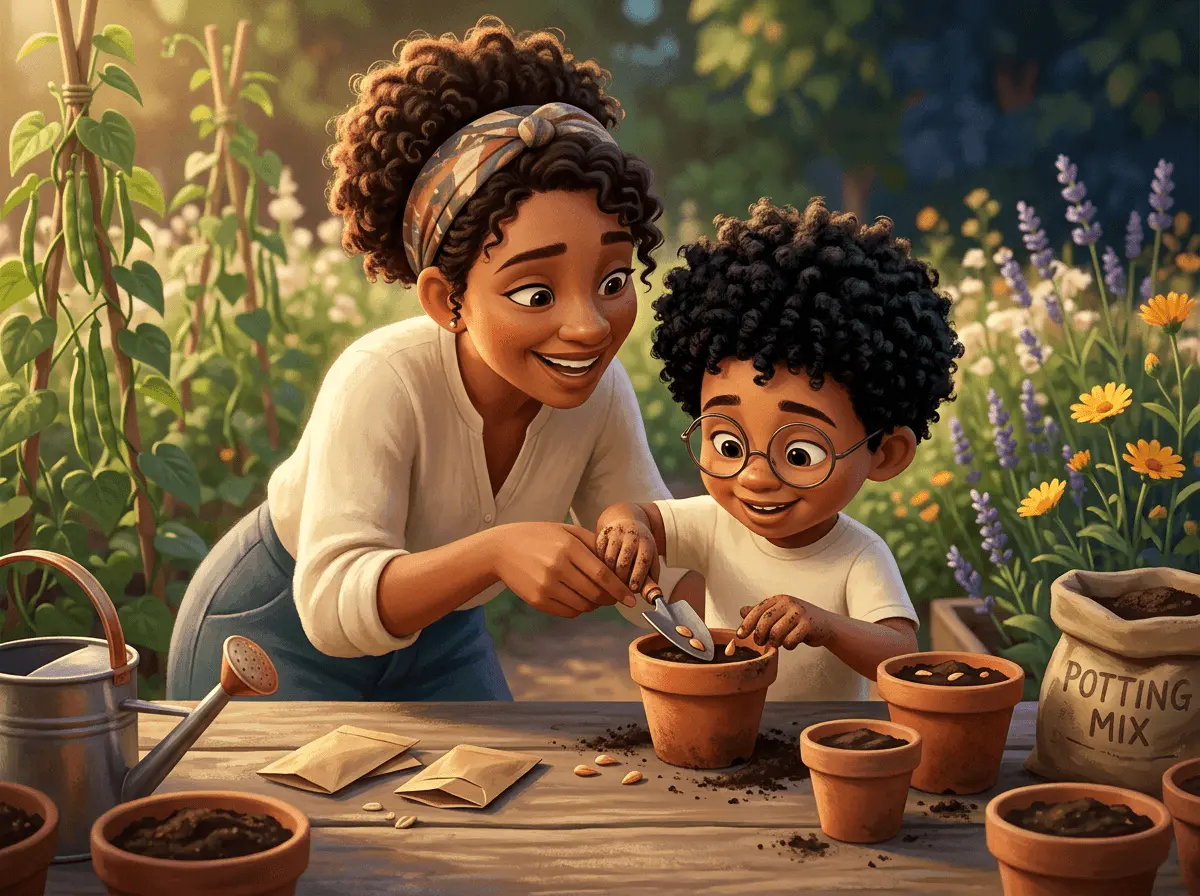 Une marraine et son jeune filleul plantent des graines ensemble dans de petits pots posés sur une table en bois, dans un moment partagé et joyeux.