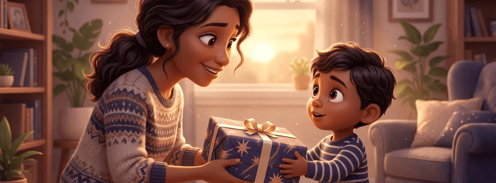 Une marraine tend un livre emballé en cadeau à son jeune filleul dans un salon chaleureux, dans un moment tendre et précieux.