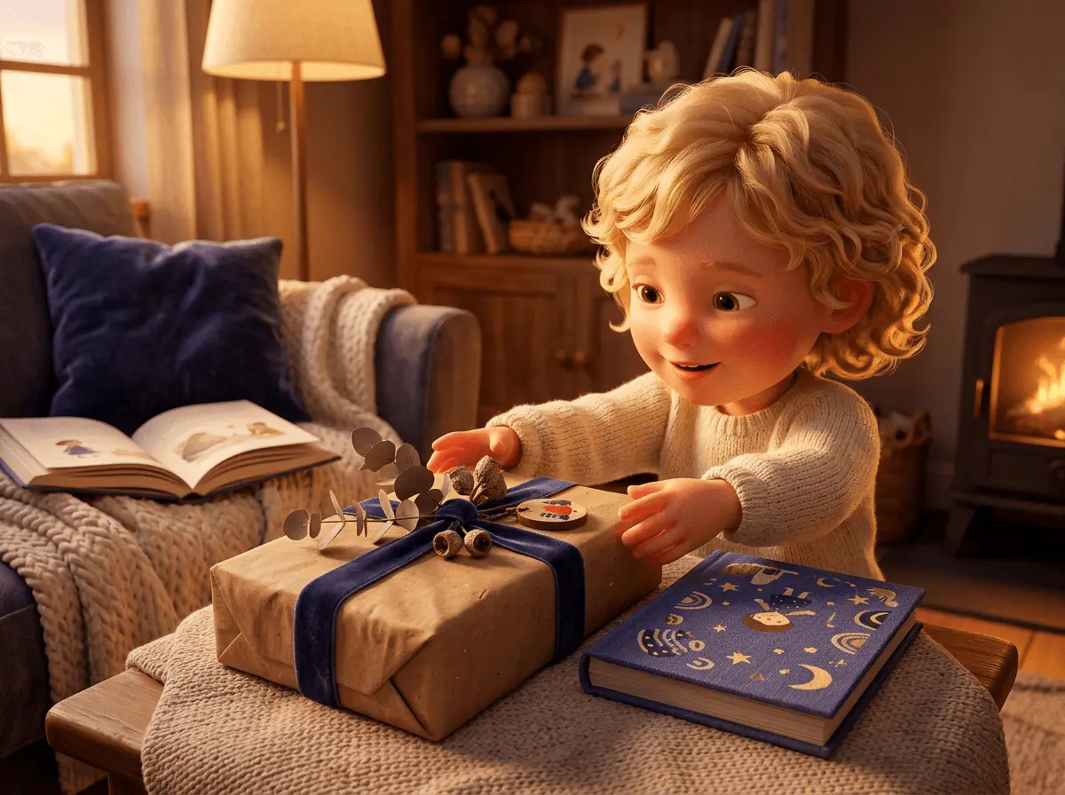 Gros plan sur un cadeau emballé en papier kraft avec un ruban, à côté d'un livre personnalisé, qu'un enfant blond découvre les mains tendues.