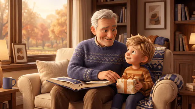 Un grand-père aux cheveux gris et son jeune petit-enfant blond partagent un livre et un cadeau emballé sur un canapé, échangeant un sourire complice près d'une fenêtre aux teintes d'automne.