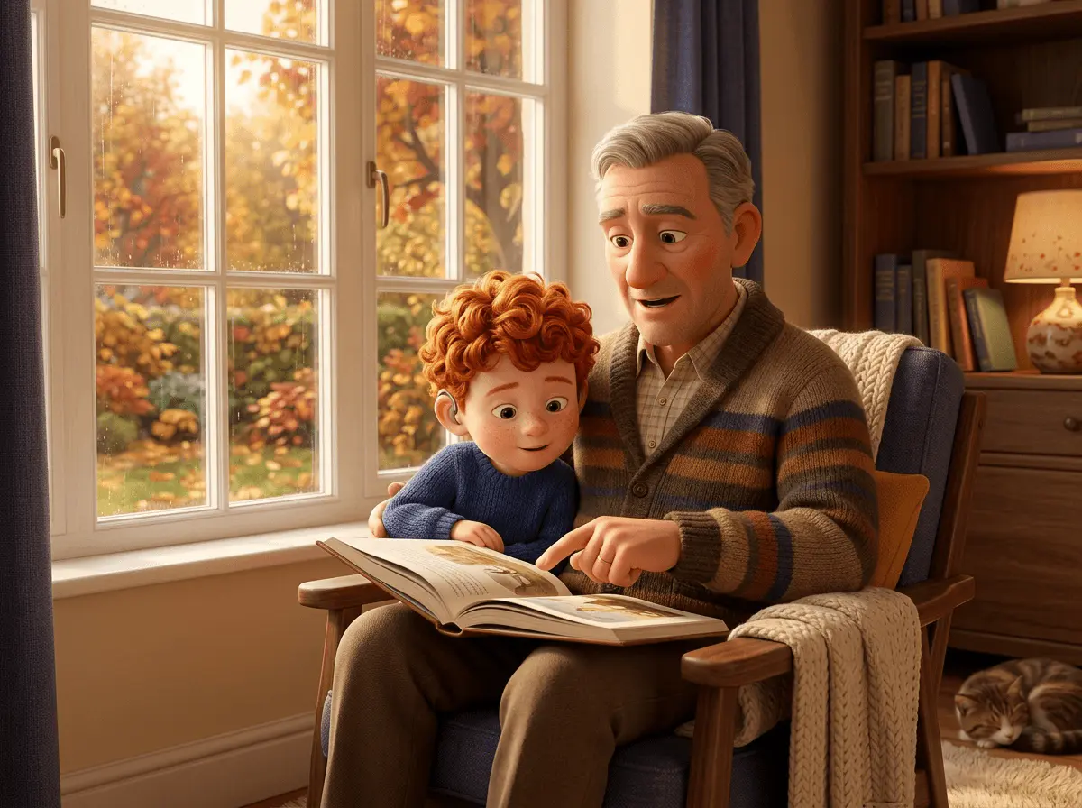 Un grand-père fait la lecture à son petit-enfant roux près d'une fenêtre.