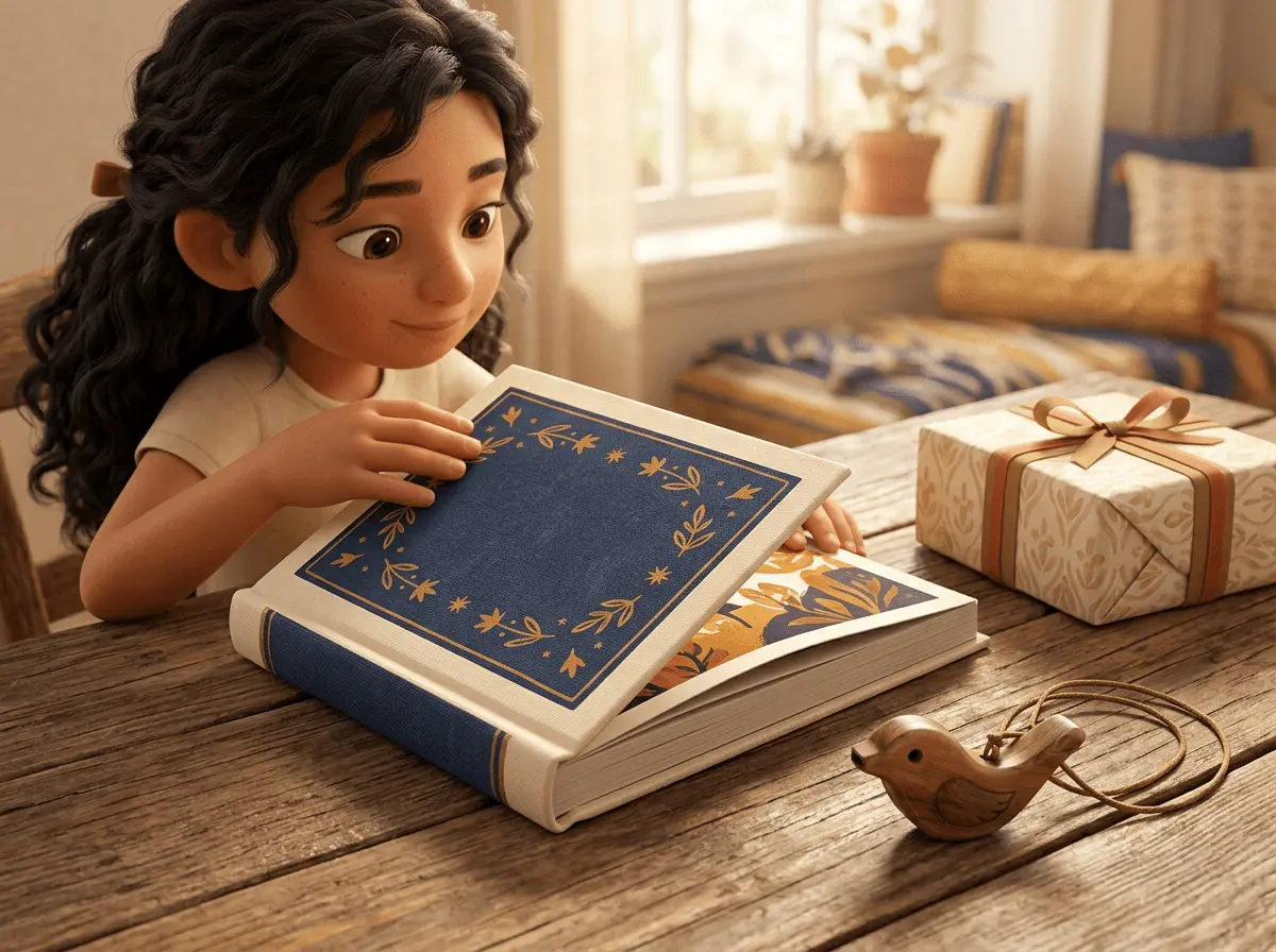 Un livre et un petit objet souvenir sur une table en bois, ouverts par les mains d'un enfant.