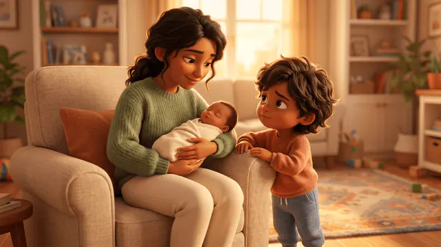 Un enfant de quatre ans se tient tout près de son parent qui porte doucement un nouveau-né, l'aîné levant les yeux avec un mélange de tendresse et de jalousie discrète.