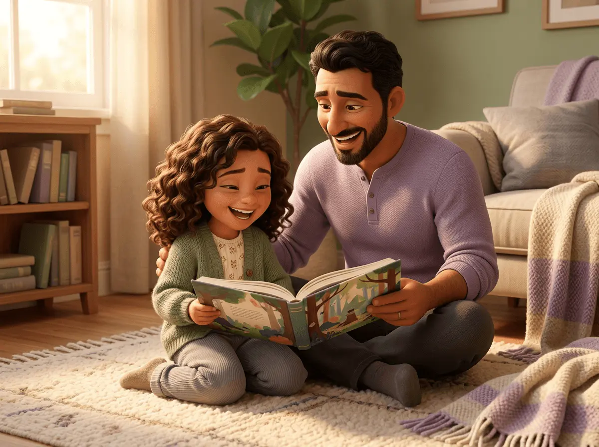 Un parent et son aîné rient ensemble en lisant un livre, un temps rien qu'à deux.