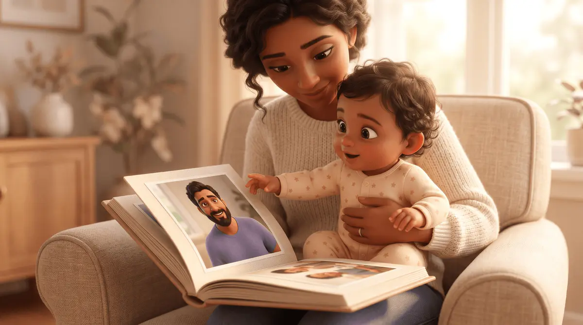 Un bébé d'environ un an, assis sur les genoux de son parent, tend la main avec émerveillement pour toucher la page d'un livre photo où il reconnaît un visage familier.
