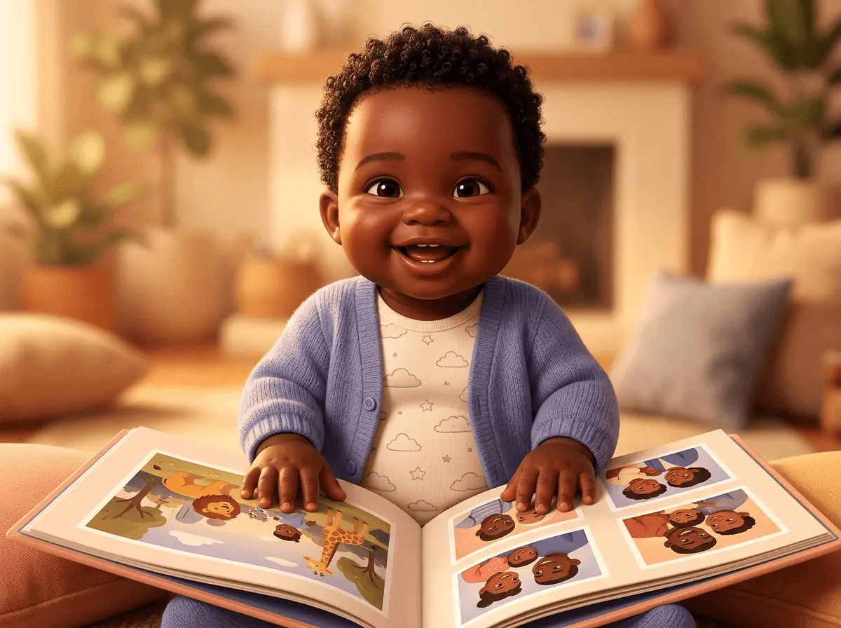Un bébé sourit devant un livre photo personnalisé ouvert sur ses genoux.