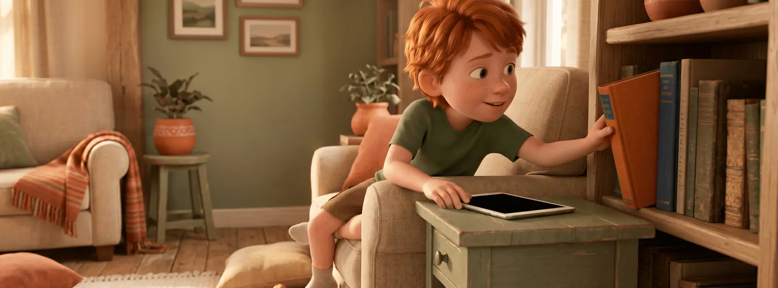 Un enfant roux d'environ huit ans pose une tablette et tend la main avec curiosité vers un livre, dans un salon chaleureux.