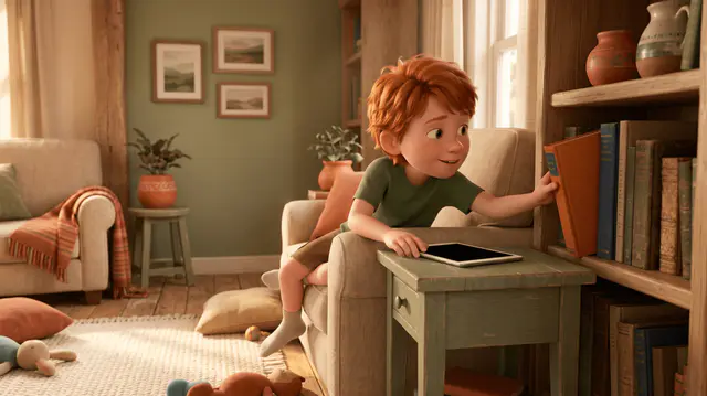 Un enfant roux d'environ huit ans pose une tablette et tend la main avec curiosité vers un livre, dans un salon chaleureux.