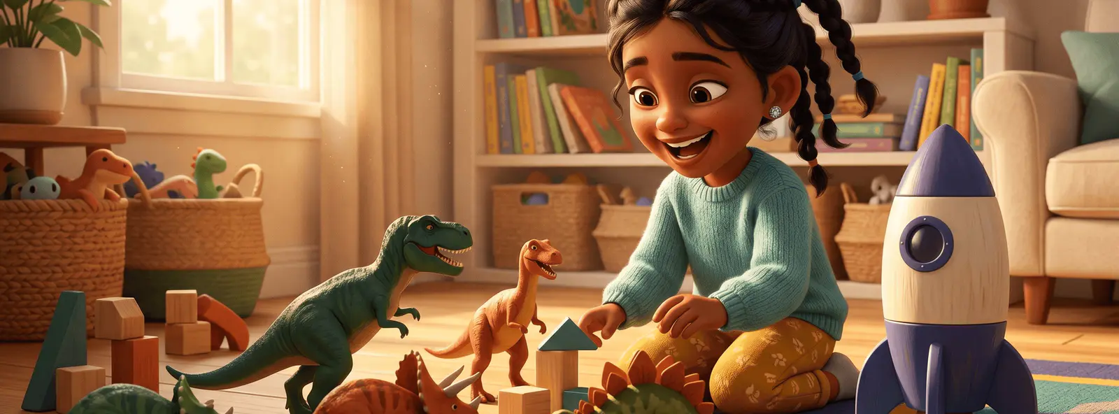 Une petite fille joue assise par terre avec des figurines de dinosaures et une fusée en jouet.