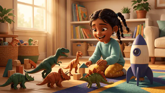 Une petite fille joue assise par terre avec des figurines de dinosaures et une fusée en jouet.