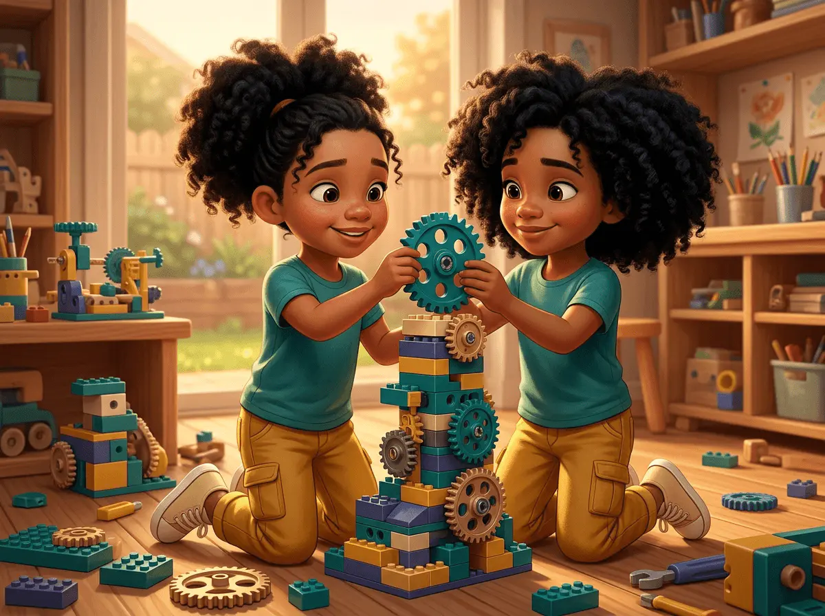 Une petite fille concentrée construit une haute tour de briques de construction.