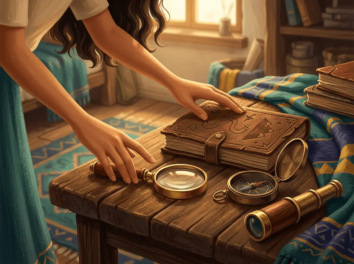 Un cadeau d'aventure posé sur une table en bois : un livre, une loupe d'explorateur, une boussole et une petite longue-vue, vers lesquels une main d'enfant se tend.