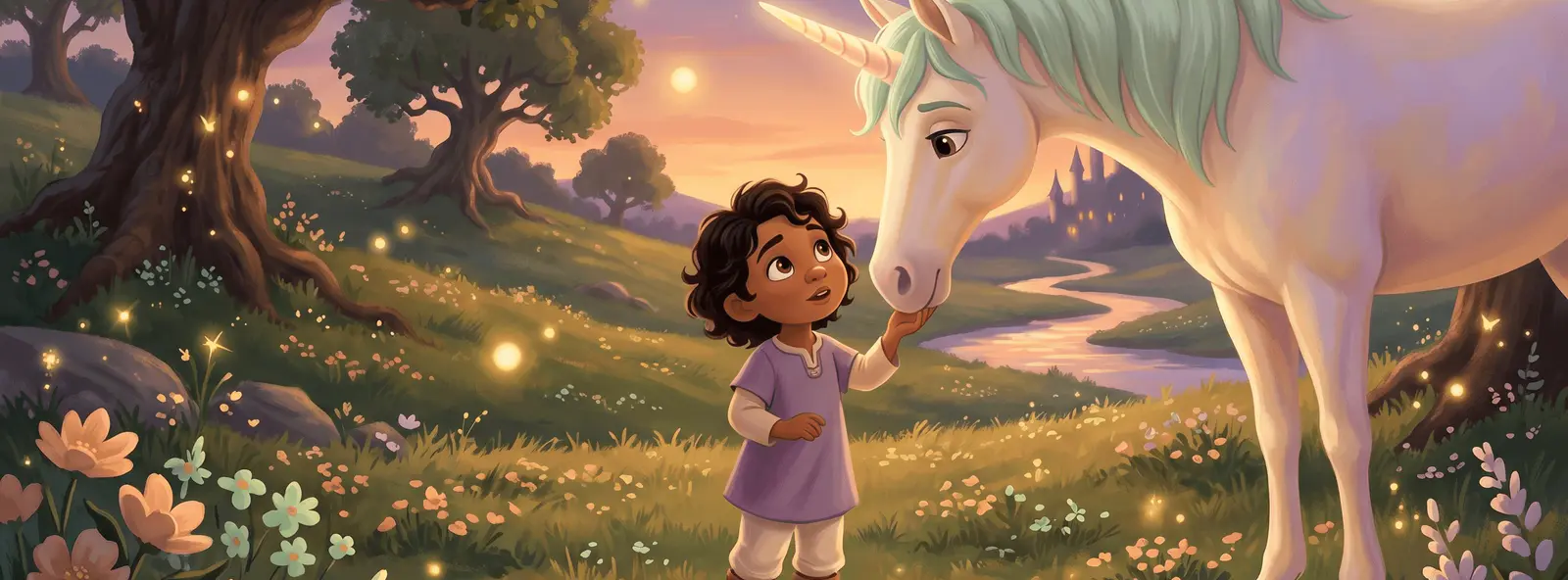 Un enfant émerveillé se tient près d'une licorne douce dans une prairie enchantée au crépuscule, levant les yeux vers elle.