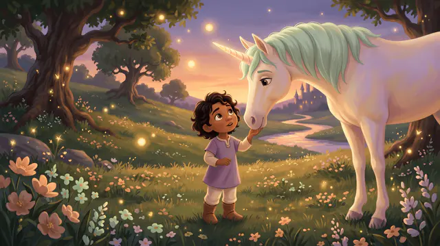 Un enfant émerveillé se tient près d'une licorne douce dans une prairie enchantée au crépuscule, levant les yeux vers elle.
