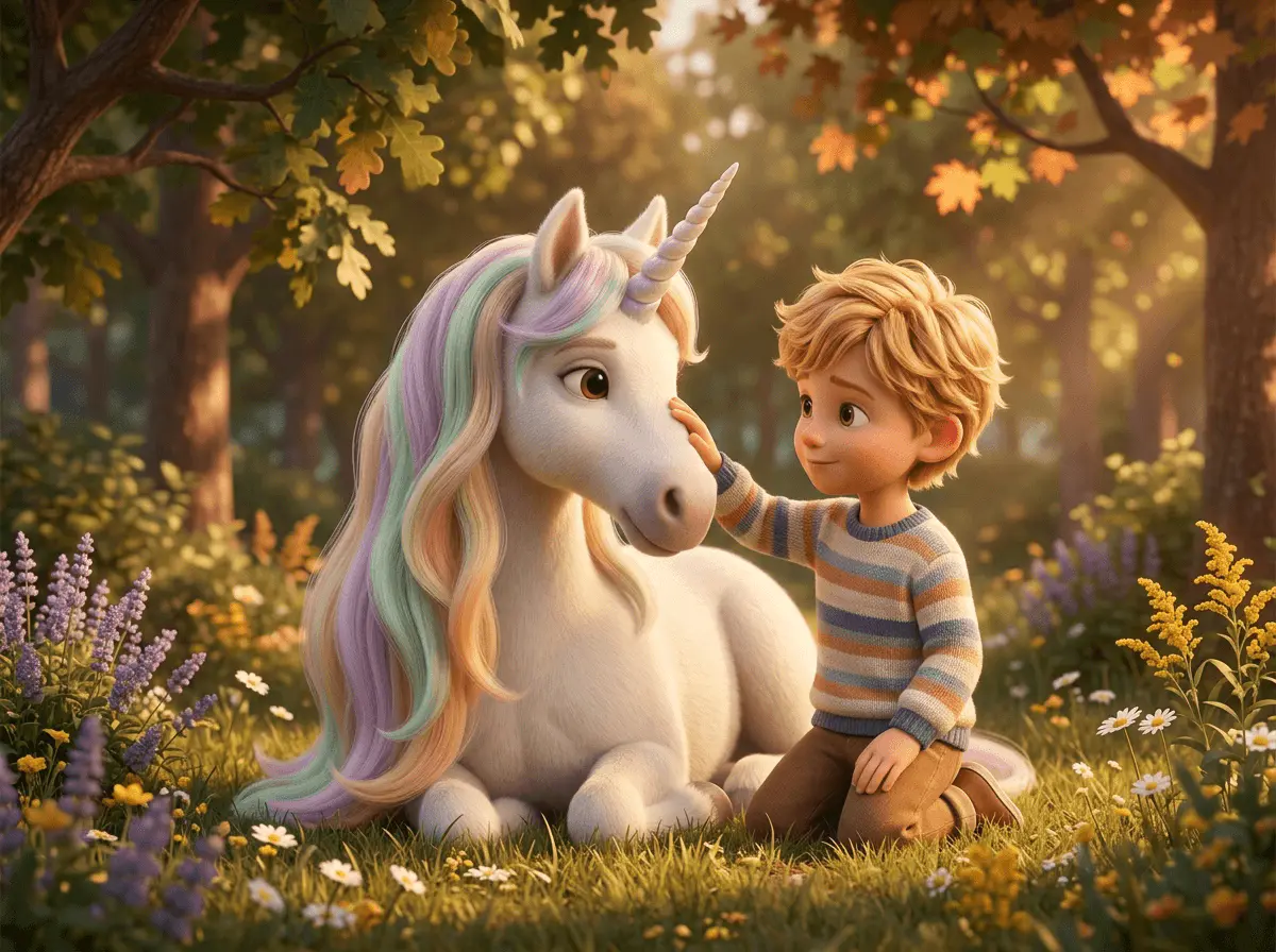 Un petit garçon blond caresse doucement la crinière arc-en-ciel d'une licorne, dans un geste tendre et calme.