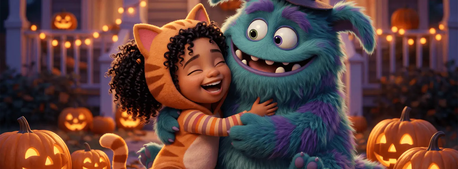 Un enfant en costume rit aux côtés d'un monstre tout doux et rigolo, entouré de citrouilles souriantes.