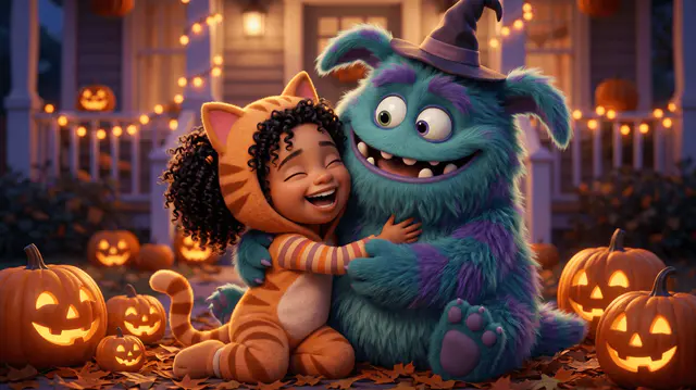 Un enfant en costume rit aux côtés d'un monstre tout doux et rigolo, entouré de citrouilles souriantes.