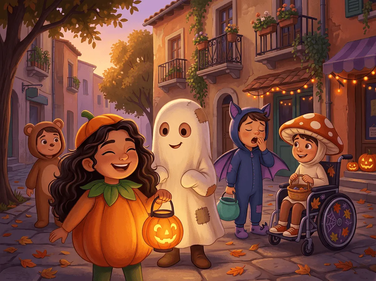 Un petit groupe d'enfants en costumes doux et drôles d'Halloween, dont un enfant en fauteuil roulant.