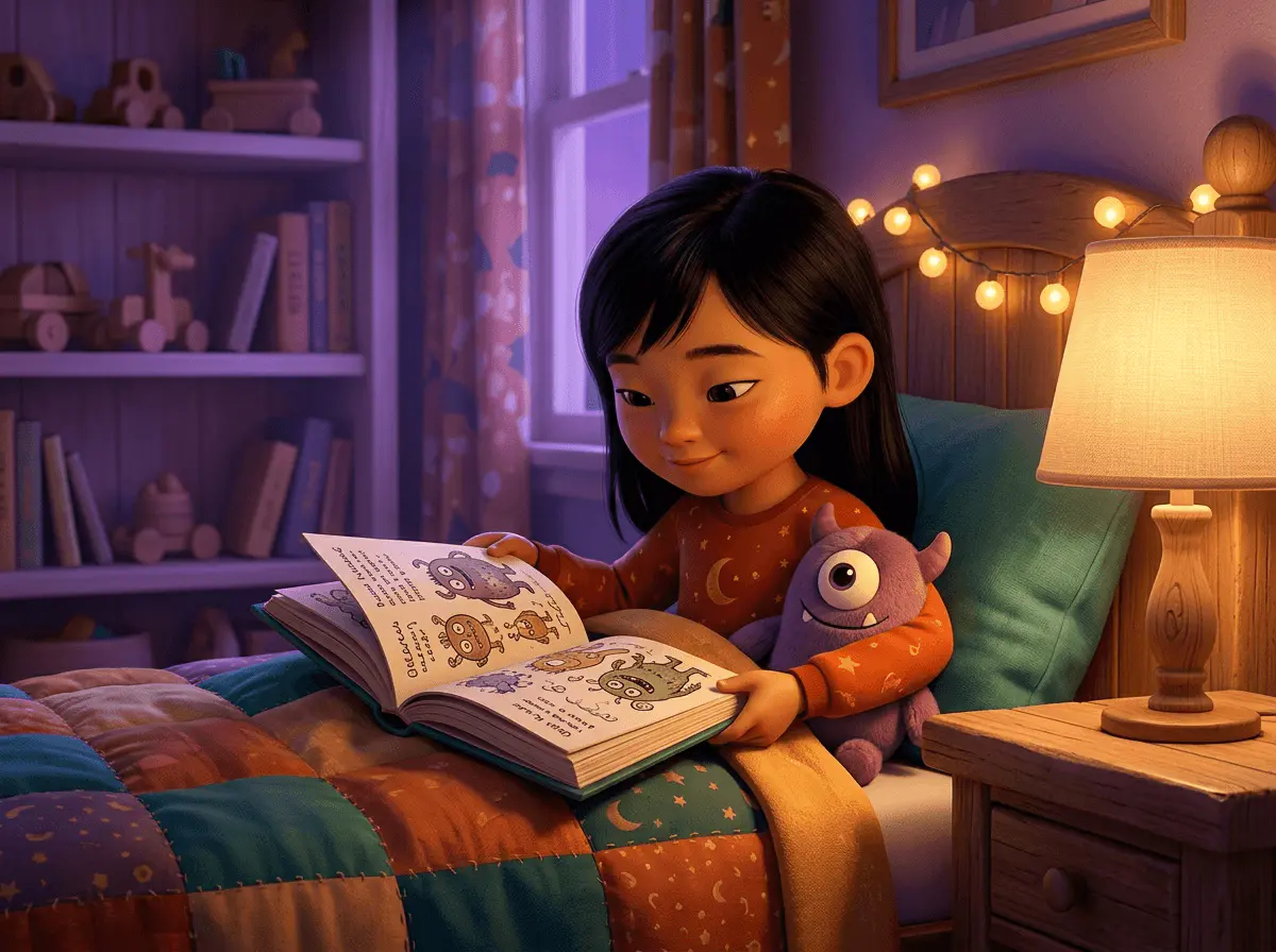 Un enfant lit un livre illustré rempli de monstres gentils et rigolos, blotti sous un plaid près d'une lampe de chevet.
