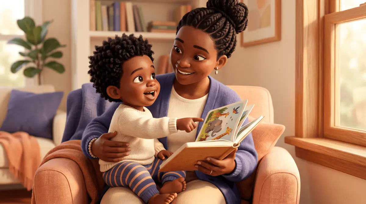 Un enfant de 2 ans, assis sur les genoux d'un parent, pointe du doigt une image dans un livre cartonné.