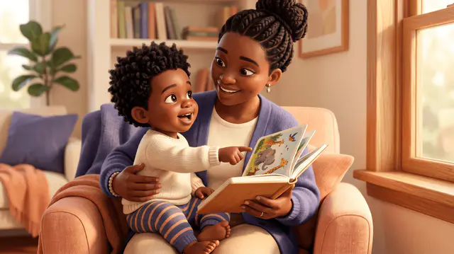 Un enfant de 2 ans, assis sur les genoux d'un parent, pointe du doigt une image dans un livre cartonné.