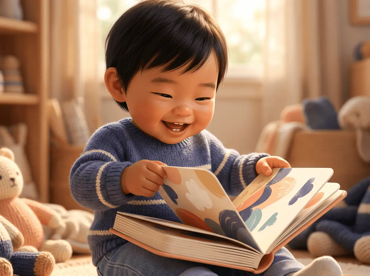 Gros plan d'un tout-petit qui rit en tournant les pages cartonnées épaisses de son livre.