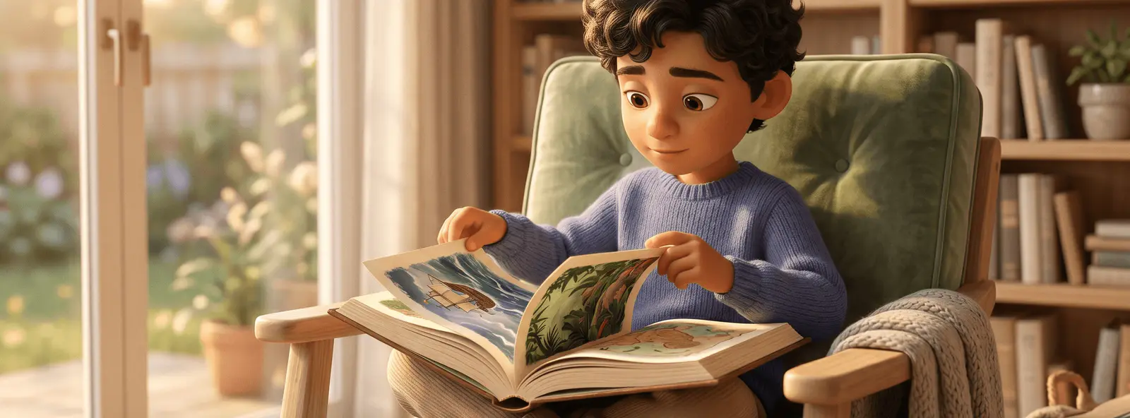 Un enfant de 8 ans, assis dans un fauteuil, est absorbé dans un roman illustré d'aventure et tourne une page.