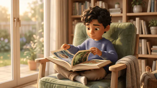 Un enfant de 8 ans, assis dans un fauteuil, est absorbé dans un roman illustré d'aventure et tourne une page.