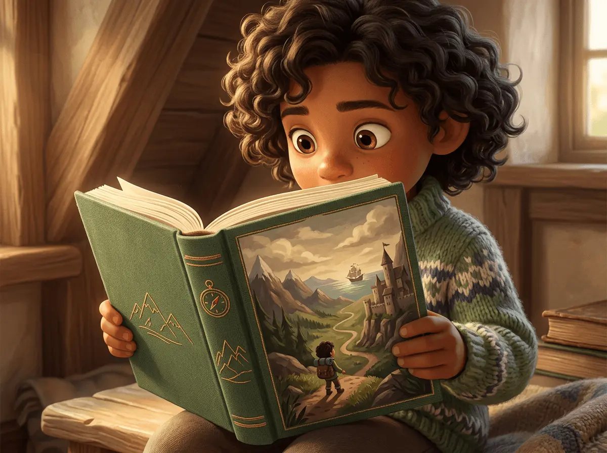 Gros plan d'un beau livre relié ouvert montrant une scène d'aventure illustrée, tenu par un enfant de 8 ans