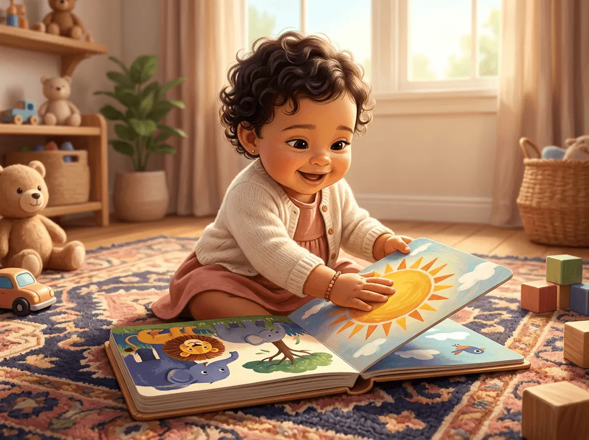 Un bébé d'un an assis sur un tapis tape de la paume sur la page épaisse d'un livre cartonné, l'air ravi.