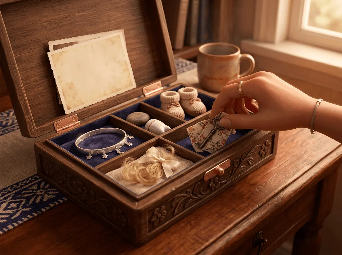 Une boîte à souvenirs en bois ouverte sur une table, avec un petit bracelet gravé, une mèche de cheveux et une photo retournée dans ses compartiments.