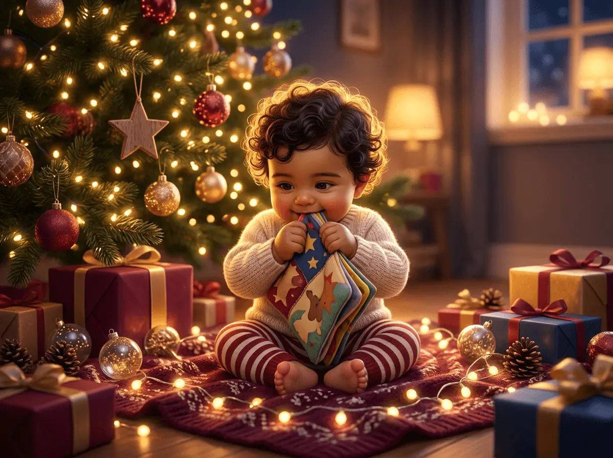 Un bébé d'un an assis sous un sapin de Noël mordille le coin d'un livre en tissu, des guirlandes lumineuses derrière lui.