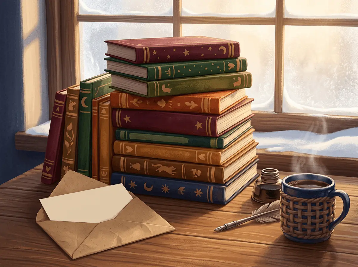 Une pile d'une douzaine d'albums illustrés posée sur une table en bois, à côté d'une enveloppe kraft ouverte et d'une carte vierge.