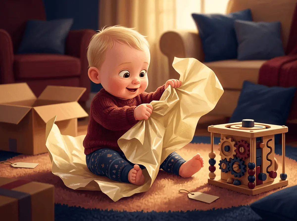 Un bébé de 10 mois froisse joyeusement une grande feuille de papier cadeau tandis que le jouet qui en est sorti reste ignoré à côté de lui.