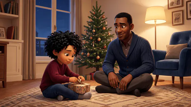 Un parrain assis par terre à côté d'un enfant de 6 ans qui déballe un petit cadeau dans un salon calme, un sapin décoré derrière eux.