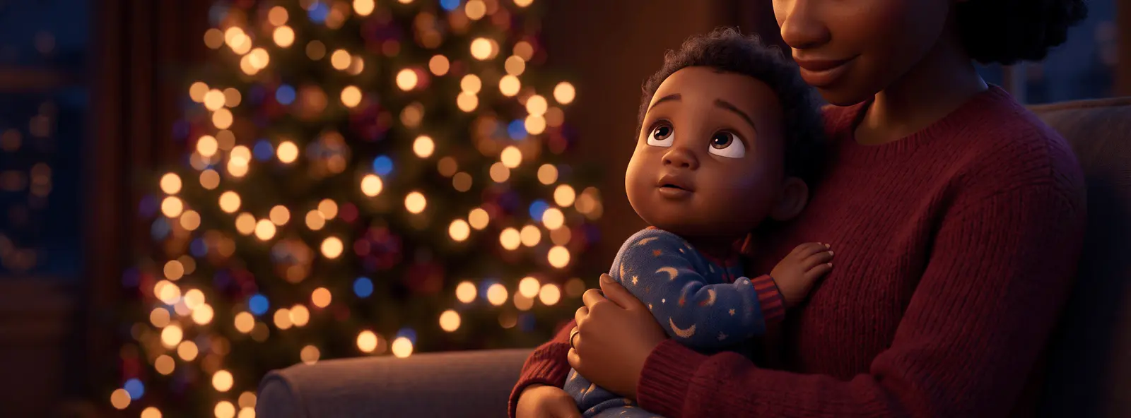 Un bébé de 9 mois en pyjama, dans les bras d'un parent, lève les yeux vers les lumières floues d'un sapin de Noël.