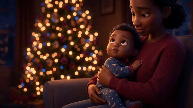 Un bébé de 9 mois en pyjama, dans les bras d'un parent, lève les yeux vers les lumières floues d'un sapin de Noël.
