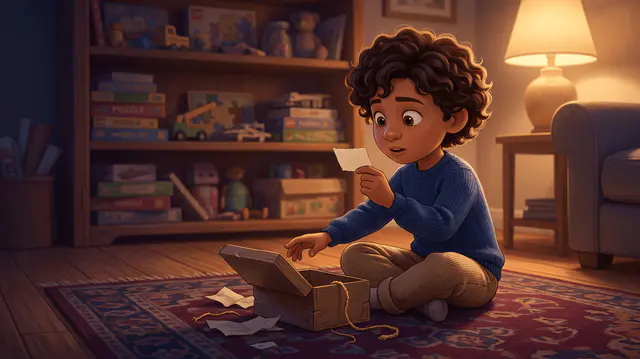 Un enfant de 7 ans assis par terre brandit un petit billet en papier fait main sorti d'une boîte minuscule, l'air intrigué, devant une étagère de jouets intacte.